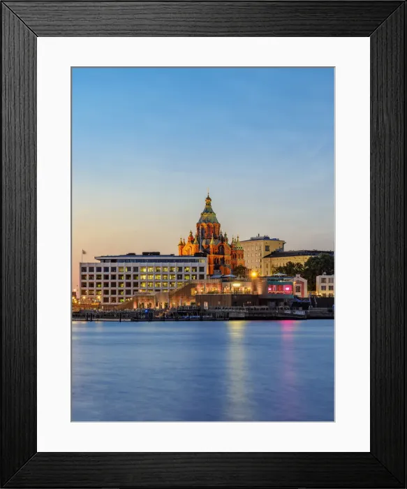 Framed Print : View over South Harbour towards Uspenski Cathedral and Allas Sea Pool and Restaurant, dusk, Helsinki, Uusimaa County, Finland Framed Print : View over South Harbour towards Uspenski Cathedral and Allas Sea Pool and Restaurant, dusk, Helsinki, Uusimaa County, Finland