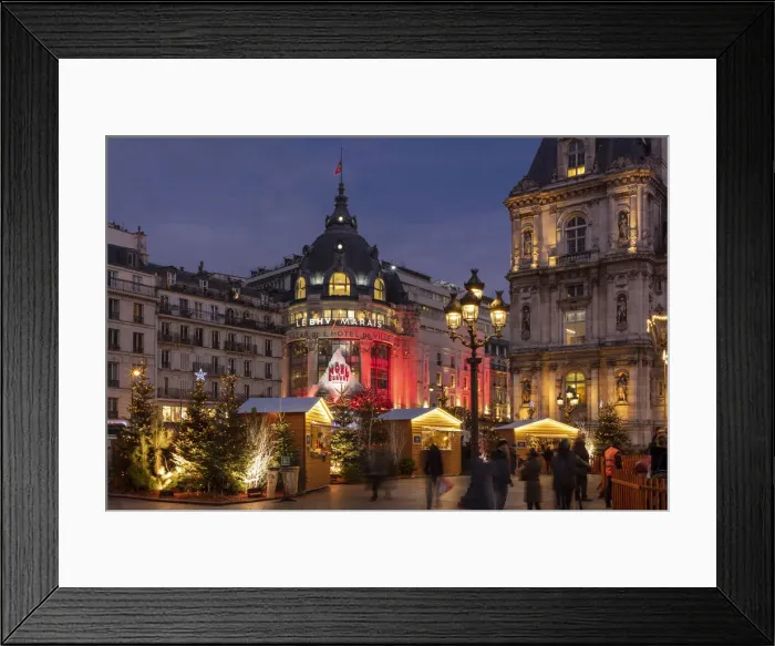 Framed Print : France, Paris, Hotel de Ville, BHV store and christmas fair at night