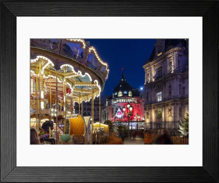 Framed Print : France, Paris, Hotel de Ville, BHV store and christmas fair at night Framed Print : France, Paris, Hotel de Ville, BHV store and christmas fair at night