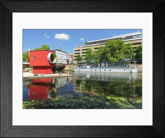 Framed Print : One-Man-House (Architect Thomas Schutte) and show boat on Neckar River, Heilbronn, Baden-Wurttemberg, Germany Framed Print : One-Man-House (Architect Thomas Schutte) and show boat on Neckar River, Heilbronn, Baden-Wurttemberg, Germany