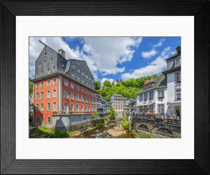 Framed Print : Red house with river Rur, Monschau, Eifel, North Rhine-Westphalia, Germany Framed Print : Red house with river Rur, Monschau, Eifel, North Rhine-Westphalia, Germany