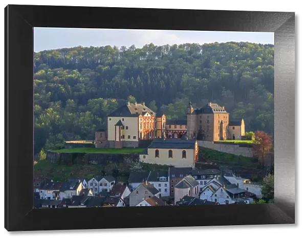 View at Malberg with Castle, Eifel, Kyll valley, Rhineland-Palatinate, Germany