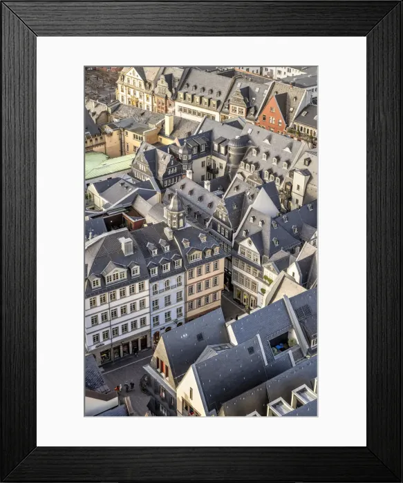 Framed Print : Aerial view of the New Frankfurt Old Town, also known as the Dom-Romer Quarter, Frankfurt Am Main, Hesse, Germany Framed Print : Aerial view of the New Frankfurt Old Town, also known as the Dom-Romer Quarter, Frankfurt Am Main, Hesse, Germany
