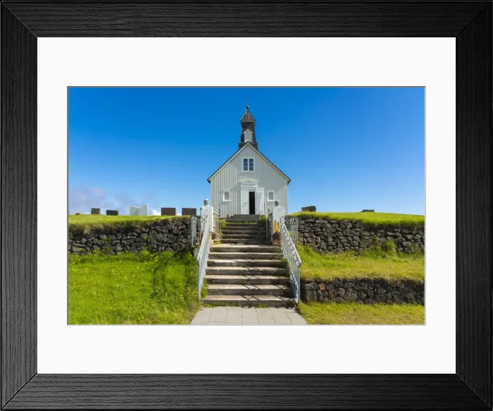 Framed Print : Facade of Strandarkirkja church with steps on sunny day, Selvogur, Reykjanes Peninsula, Iceland Framed Print : Facade of Strandarkirkja church with steps on sunny day, Selvogur, Reykjanes Peninsula, Iceland