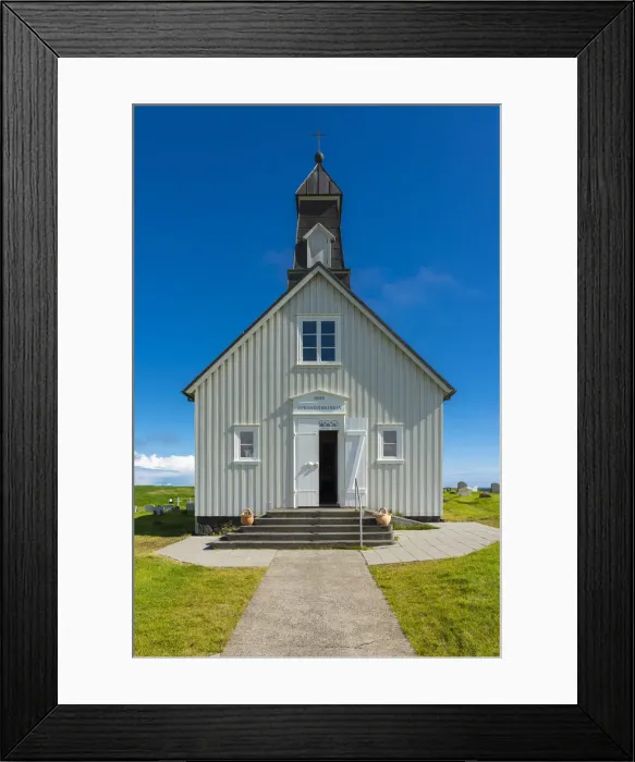 Framed Print : Facade of Strandarkirkja church on sunny day, Selvogur, Reykjanes Peninsula, Iceland