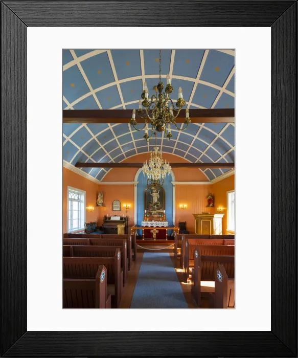 Framed Print : Interior of Strandarkirkja church with pews and chandeliers, Selvogur, Reykjanes Peninsula, Iceland