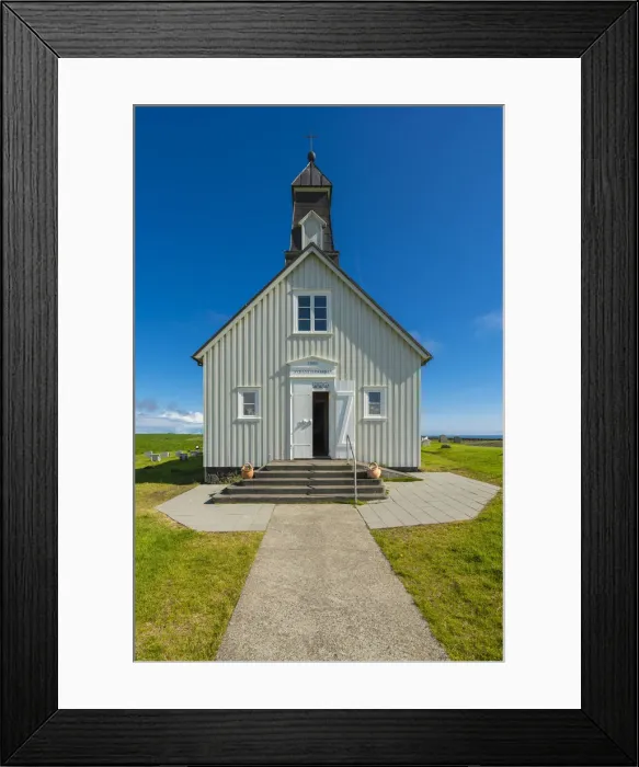 Framed Print : Facade of Strandarkirkja church on sunny day, Selvogur, Reykjanes Peninsula, Iceland Framed Print : Facade of Strandarkirkja church on sunny day, Selvogur, Reykjanes Peninsula, Iceland