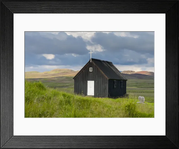 Framed Print : Krysuvikurkirkja church on green landscape, Krysuvik, The Capital Region, Iceland