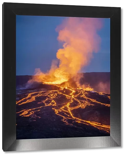 Fagradalsfjall volcano eruption at twilight, Geldingadalir, Reykjanes Peninsula, Iceland