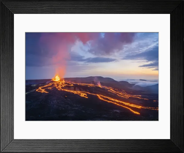 Framed Print : Fagradalsfjall volcano eruption at dawn, Geldingadalir, Reykjanes Peninsula, Iceland Framed Print : Fagradalsfjall volcano eruption at dawn, Geldingadalir, Reykjanes Peninsula, Iceland