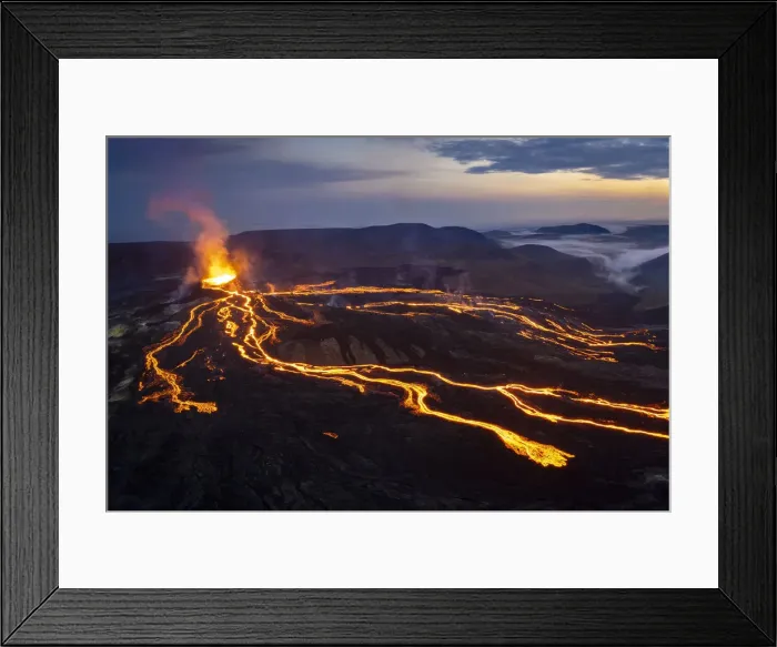 Framed Print : Aerial view of Fagradalsfjall volcano eruption at dawn, Geldingadalir, Reykjanes Peninsula, Iceland Framed Print : Aerial view of Fagradalsfjall volcano eruption at dawn, Geldingadalir, Reykjanes Peninsula, Iceland