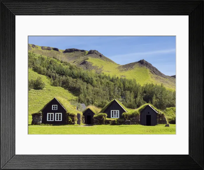 Framed Print : Turf roofed houses under mountain range at Skogar Museum, Skogar, Rangarping eystra, Southern Region, Iceland Framed Print : Turf roofed houses under mountain range at Skogar Museum, Skogar, Rangarping eystra, Southern Region, Iceland