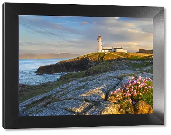 Ireland, Co. Donegal, Fanad, Fanad lighthouse with Sea thrift in foreground