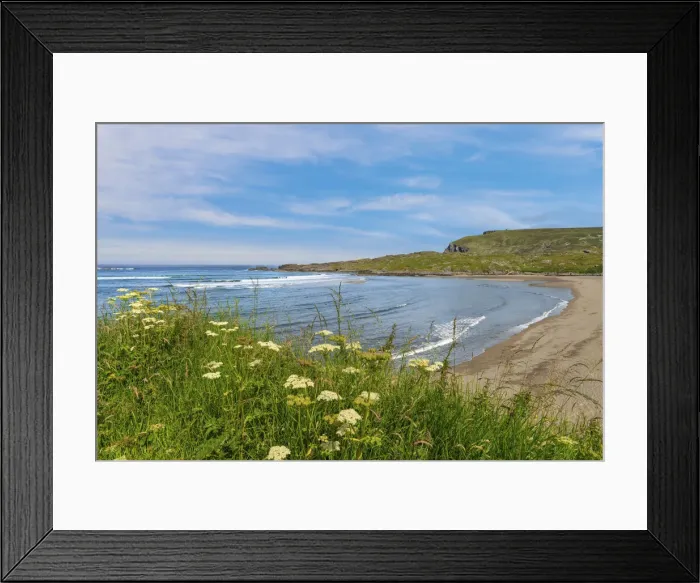 Framed Print : Ireland, Co. Donegal, Ireland, County Donegal, Glencolumbkille (Glencolmcille), Sandy cove and wild flowers Framed Print : Ireland, Co. Donegal, Ireland, County Donegal, Glencolumbkille (Glencolmcille), Sandy cove and wild flowers