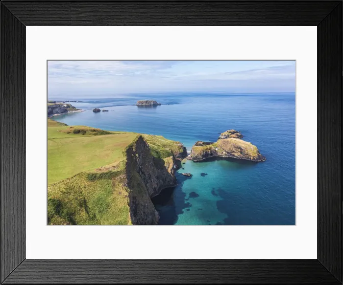 Framed Print : UK, Northern Ireland, County Antrim, Ballintoy, Carrick-a-Rede Rope Bridge, aerial view Framed Print : UK, Northern Ireland, County Antrim, Ballintoy, Carrick-a-Rede Rope Bridge, aerial view