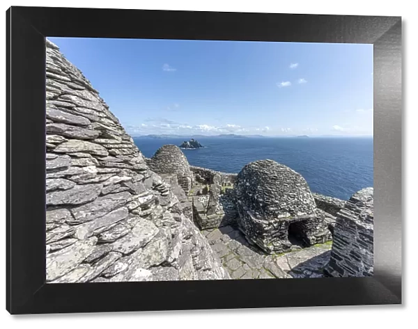 Skellig Michael (Great Skellig), Skellig islands, County Kerry, Munster province, Ireland, Europe. Monasterys architecture in a sunny day