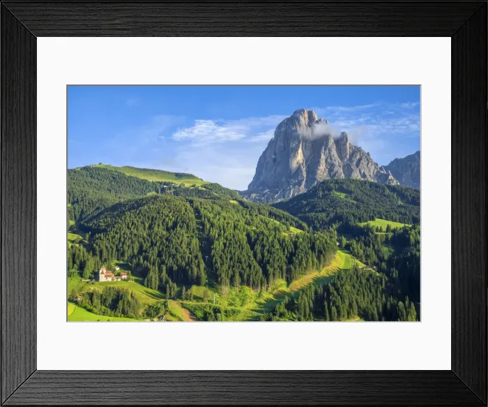 Framed Print : Langkofel N-face with Fischburg castle, Groeden, St. Christina, Dolomites, South Tyrol, Italy