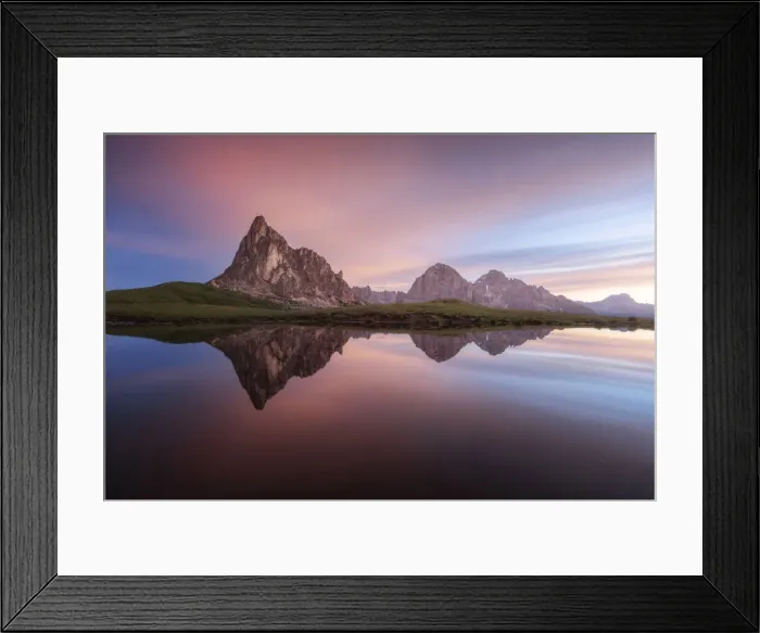Framed Print : The Ra Gusela and Tofane mountains in the Dolomites reflecting in a small puddle near the Giau Pass on a calm summer morning Framed Print : The Ra Gusela and Tofane mountains in the Dolomites reflecting in a small puddle near the Giau Pass on a calm summer morning