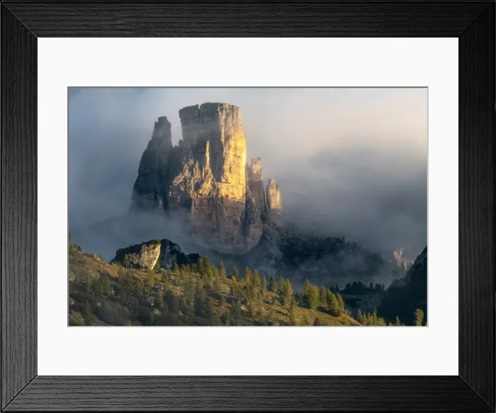 Framed Print : A close-up view of the Cinque Torri from the Giau Pass, taken during a foggy late summer morning. Dolomites, Italy Framed Print : A close-up view of the Cinque Torri from the Giau Pass, taken during a foggy late summer morning. Dolomites, Italy