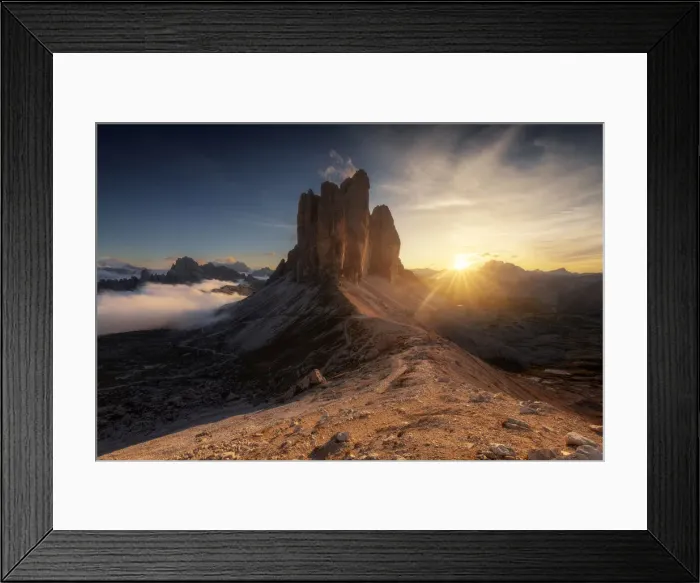 Framed Print : The Tre Cime di Lavaredo lined up from the Forcella Lavaredo during a cold late summer sunset, with the Cadini di Misurina emerging from the fog on the left. Dolomites, Italy Framed Print : The Tre Cime di Lavaredo lined up from the Forcella Lavaredo during a cold late summer sunset, with the Cadini di Misurina emerging from the fog on the left. Dolomites, Italy