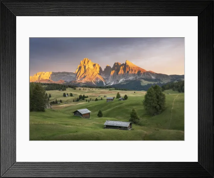 Framed Print : Lush green meadows and some old cabins create the classic alpine landscape at the Alpe di Siusi (Seiser Alm), with the Sassolungo and Sassopiatto taking the last light in the background. Dolomites, Italy
