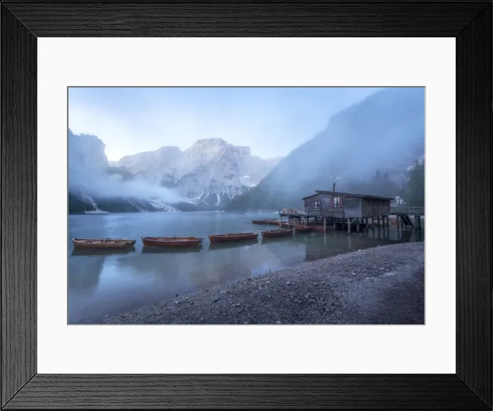 Framed Print : A foggy late summer morning at the famous Braies lake, as the clouds were lifting and the mountains starting to reveal themselves. Dolomites, Italy Framed Print : A foggy late summer morning at the famous Braies lake, as the clouds were lifting and the mountains starting to reveal themselves. Dolomites, Italy