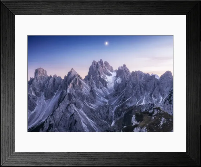 Framed Print : The Cadini di Misurina taking the last light of the day with the rising moon above them. Dolomites, Italy Framed Print : The Cadini di Misurina taking the last light of the day with the rising moon above them. Dolomites, Italy