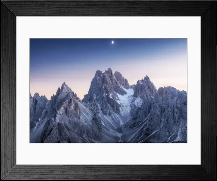 Framed Print : The Cadini di Misurina taking the last light of the day with the rising moon above them. Dolomites, Italy Framed Print : The Cadini di Misurina taking the last light of the day with the rising moon above them. Dolomites, Italy
