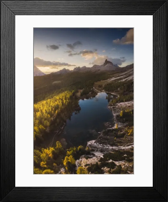 Framed Print : Aerial panoramic view of the Federa lake, one of the most incredible locations of the area to capture the larches typical autumn colors, with the Becco di Mezzodi mountain in the background. Dolomites, Italy Framed Print : Aerial panoramic view of the Federa lake, one of the most incredible locations of the area to capture the larches typical autumn colors, with the Becco di Mezzodi mountain in the background. Dolomites, Italy