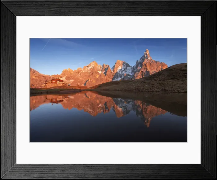 Framed Print : The Baita Segantini and the Pale di San Martino perfectly reflecting into a small lake at sunset. Dolomites, italy Framed Print : The Baita Segantini and the Pale di San Martino perfectly reflecting into a small lake at sunset. Dolomites, italy
