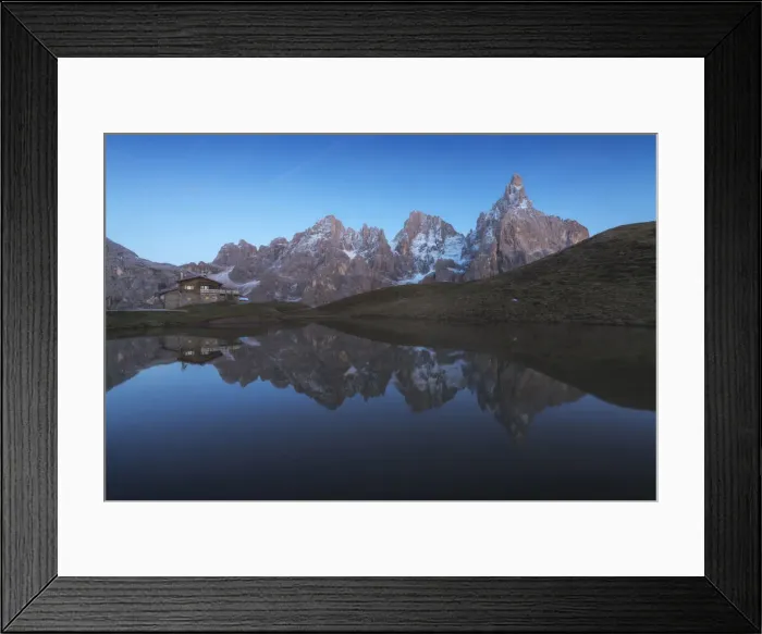 Framed Print : The Baita Segantini and the Pale di San Martino perfectly reflecting into a small lake at twilight. Dolomites, italy Framed Print : The Baita Segantini and the Pale di San Martino perfectly reflecting into a small lake at twilight. Dolomites, italy