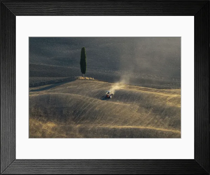 Framed Print : A tractor crossing the immense fields near the Podere Terrapille near Pienza, Tuscany, Italy at sunset, with a lonely cypress tree Framed Print : A tractor crossing the immense fields near the Podere Terrapille near Pienza, Tuscany, Italy at sunset, with a lonely cypress tree