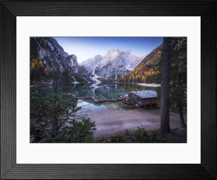 Framed Print : The grand view of the lonely cabin on the Braies lake (Pragser Wildsee) during a calm autumn morning. Dolomites, Italy Framed Print : The grand view of the lonely cabin on the Braies lake (Pragser Wildsee) during a calm autumn morning. Dolomites, Italy