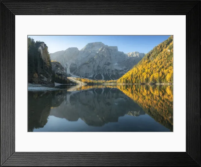 Framed Print : The Braies lake (Pragser Wildsee) during a peaceful autumn morning with mountains and trees reflecting in the lake. Dolomites, Italy Framed Print : The Braies lake (Pragser Wildsee) during a peaceful autumn morning with mountains and trees reflecting in the lake. Dolomites, Italy