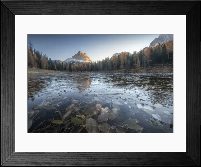 Framed Print : The partially frozen Antorno lake and the Tre Cime di Lavaredo during a cold autumn morning, in the Italian Dolomites Framed Print : The partially frozen Antorno lake and the Tre Cime di Lavaredo during a cold autumn morning, in the Italian Dolomites