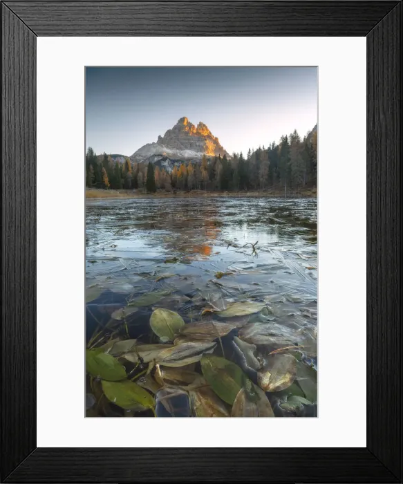 Framed Print : The partially frozen Antorno lake and the Tre Cime di Lavaredo during a cold autumn morning, in the Italian Dolomites Framed Print : The partially frozen Antorno lake and the Tre Cime di Lavaredo during a cold autumn morning, in the Italian Dolomites