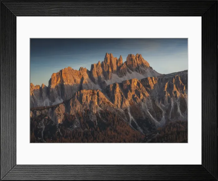 Framed Print : The Croda da Lago and Lastoi de Formin bathed in the last light of the day in autumn, with larches forests in the valley. Dolomites, Italy Framed Print : The Croda da Lago and Lastoi de Formin bathed in the last light of the day in autumn, with larches forests in the valley. Dolomites, Italy