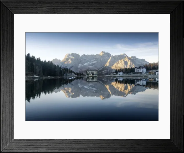 Framed Print : The majestic Sorapiss mountain and the small village of Misurina perfectly reflecting in the Misurina lake duirng a calm autumn morning. Dolomites, Italy Framed Print : The majestic Sorapiss mountain and the small village of Misurina perfectly reflecting in the Misurina lake duirng a calm autumn morning. Dolomites, Italy
