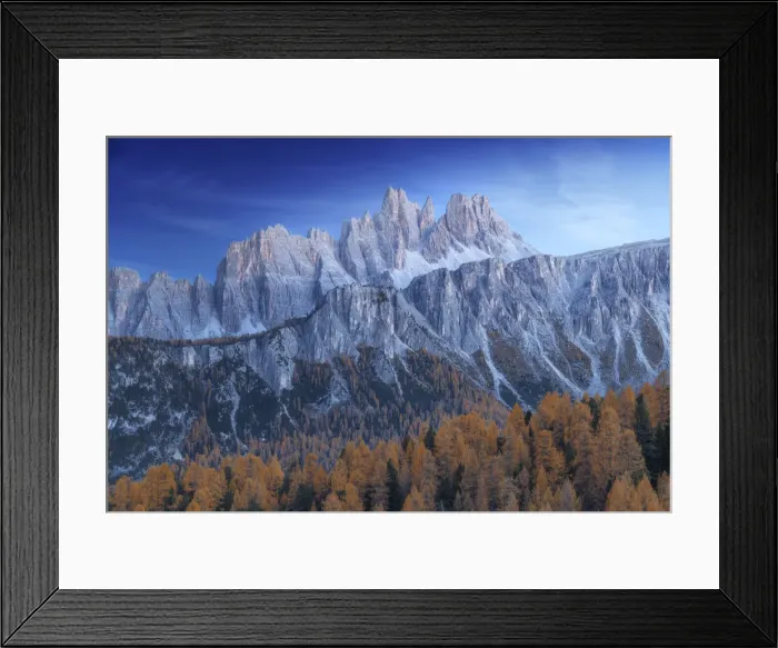 Framed Print : The Croda da Lago and Lastoi de Formin mountains at twilight, with the golden larches glowing in the darkness. Dolomites, Italy Framed Print : The Croda da Lago and Lastoi de Formin mountains at twilight, with the golden larches glowing in the darkness. Dolomites, Italy