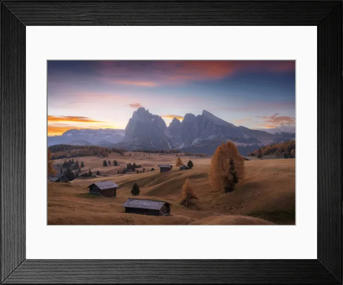 Framed Print : The lonely cabins of the Alpe di Siusi (Seiser Alm) during a peaceful autumn morning, with the mountains in the background. Dolomites, Italy Framed Print : The lonely cabins of the Alpe di Siusi (Seiser Alm) during a peaceful autumn morning, with the mountains in the background. Dolomites, Italy