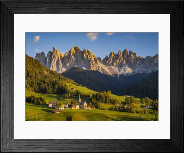 Framed Print : Scenic sunset view over the village of Santa Maddalena with the Odle Dolomites mountain group behind, Funes valley, South Tyrol, Italy Framed Print : Scenic sunset view over the village of Santa Maddalena with the Odle Dolomites mountain group behind, Funes valley, South Tyrol, Italy