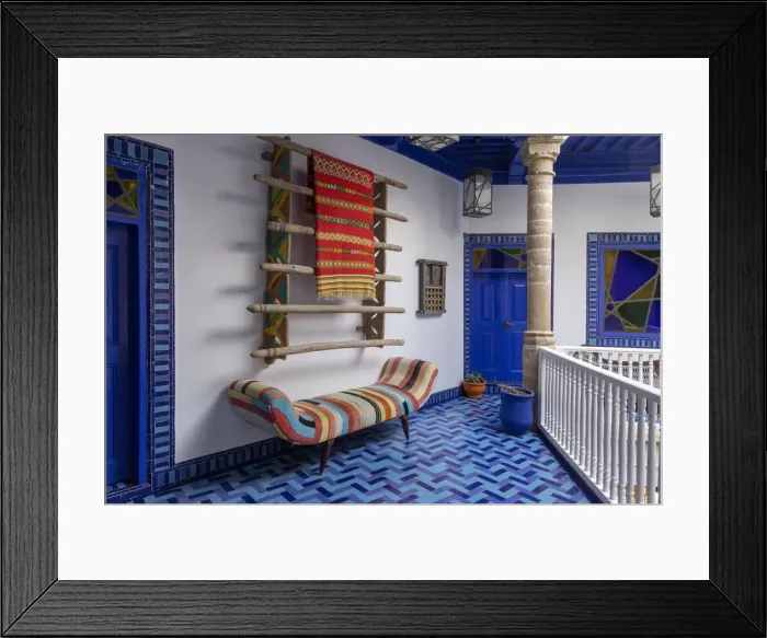 Framed Print : Morocco, Mogador, Marrakesh Safi region, Essaouira, Unesco World Heritage site, Colourful Riad of Salut Maroc