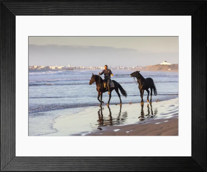 Framed Print : Marrakesh-Safi (Marrakesh-Tensift-El Haouz) region, Essaouira, a berber leads a Barb horse along the beach near Essaouira