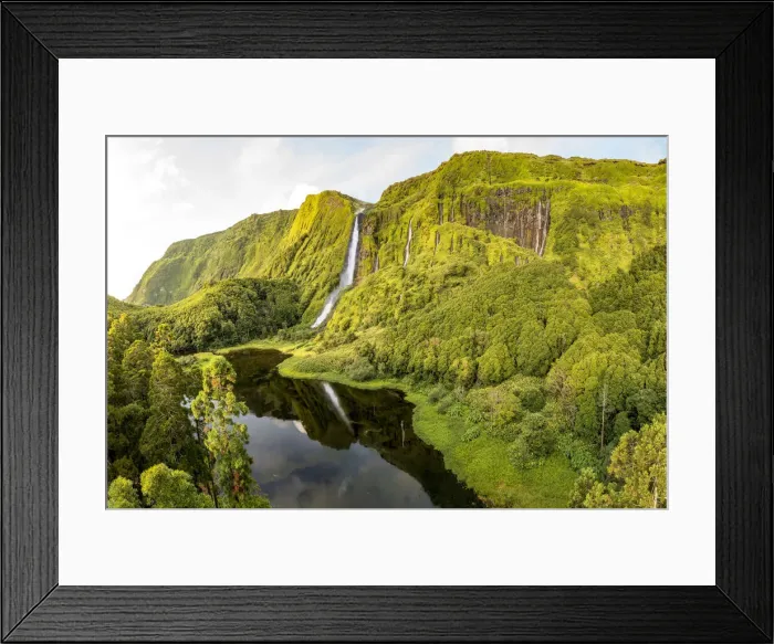 Framed Print : Flores, Azores Islands, Portugal. Poco Ribeira do Ferreiro waterfalls, aerial view Framed Print : Flores, Azores Islands, Portugal. Poco Ribeira do Ferreiro waterfalls, aerial view