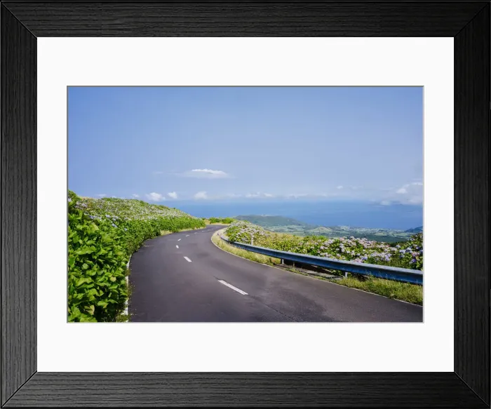 Framed Print : Azores, Portugal. Scenic route on the ocean with flowers and lanscape Framed Print : Azores, Portugal. Scenic route on the ocean with flowers and lanscape