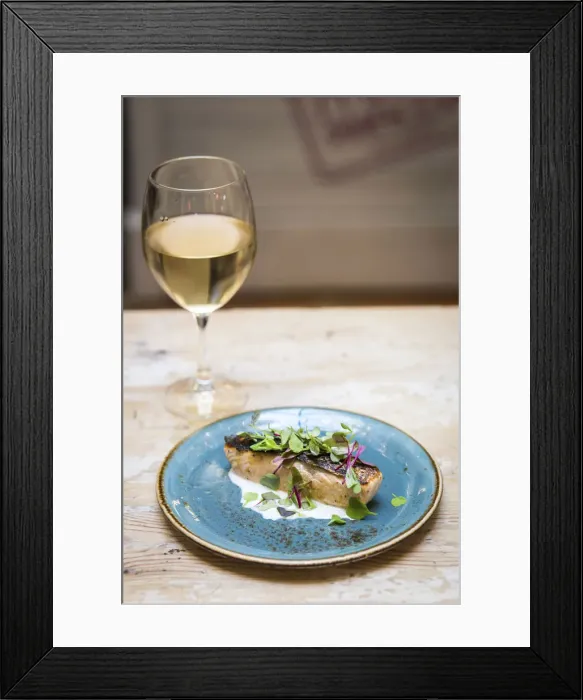 Framed Print : Spain, Catalonia, Barcelona, Princesa Market, A plate of salmon with a glass of white wine Framed Print : Spain, Catalonia, Barcelona, Princesa Market, A plate of salmon with a glass of white wine
