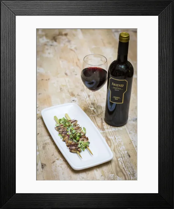 Framed Print : Spain, Catalonia, Barcelona, Princesa Market, Meat skewer with red wine
