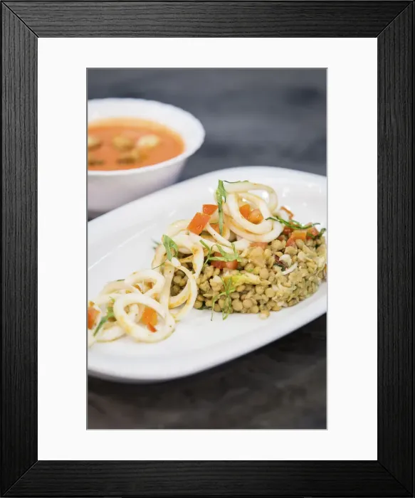 Framed Print : Spain, Catalonia, Barcelona, El Ninot market, Lentils salad with squids and gazpacho Framed Print : Spain, Catalonia, Barcelona, El Ninot market, Lentils salad with squids and gazpacho