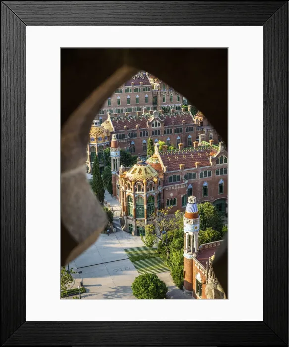 Framed Print : Spain, Catalonia, Barcelona, Sant Pau Hospital, Modernist buildings from the clock tower Framed Print : Spain, Catalonia, Barcelona, Sant Pau Hospital, Modernist buildings from the clock tower
