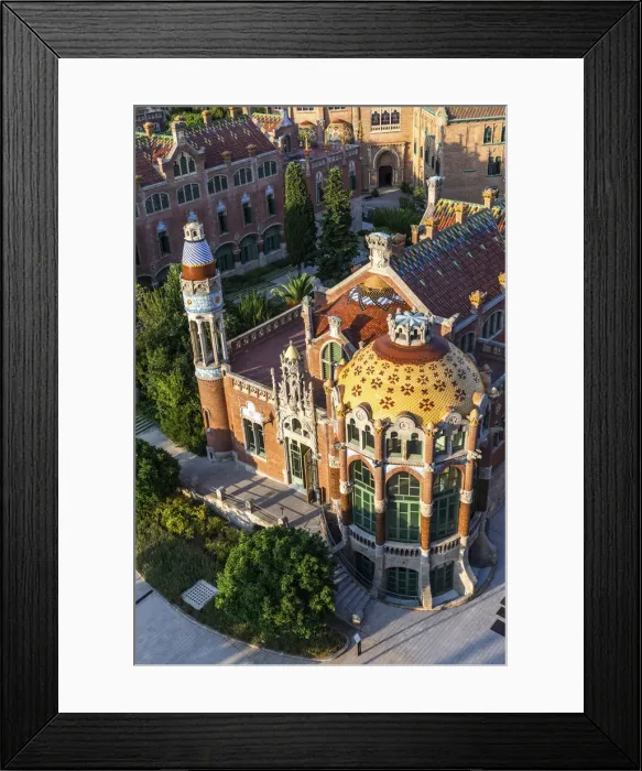 Framed Print : Spain, Catalonia, Barcelona, Sant Pau Hospital, St Salvadors pavillon from the clock tower Framed Print : Spain, Catalonia, Barcelona, Sant Pau Hospital, St Salvadors pavillon from the clock tower